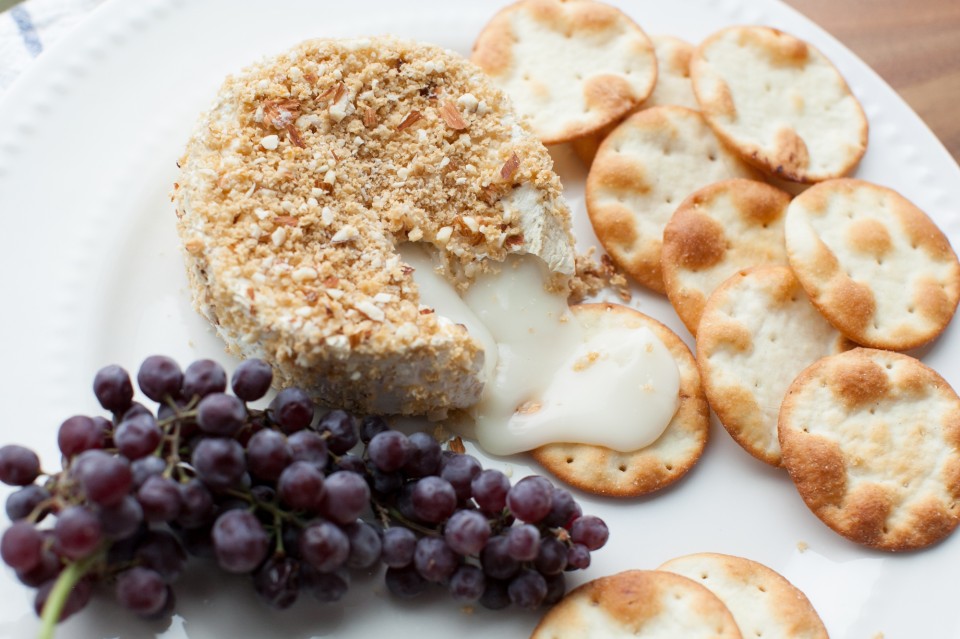 Goat Cheese Baked Brie with Crushed Almond Crust