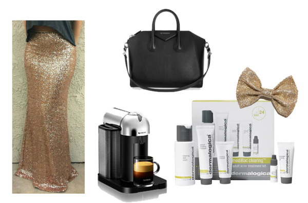birthday wish list, holiday wish list, holiday gift guide, wishlist, nespresso vertuoline, givency, sequin maxi skirt, gold bow, dermalogica, ulta, coffee lover, tiger lily halos