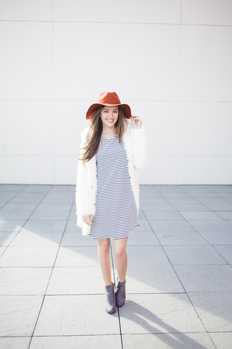 shop ruche, striped shift dress, wide brim fedora, sponsored, fall style, winter style, grey booties