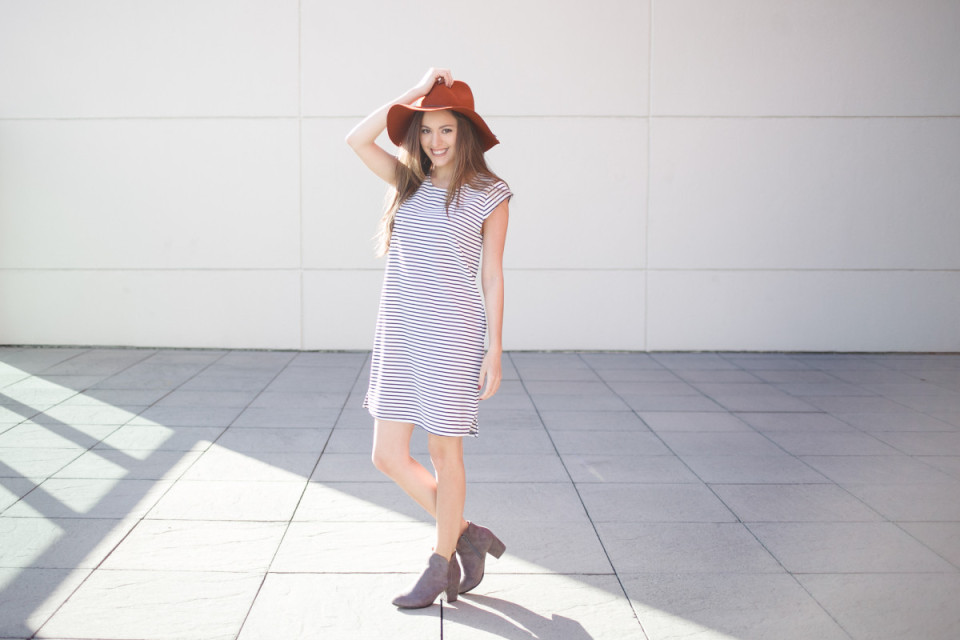 shop ruche, striped shift dress, wide brim fedora, sponsored, fall style, winter style, grey booties